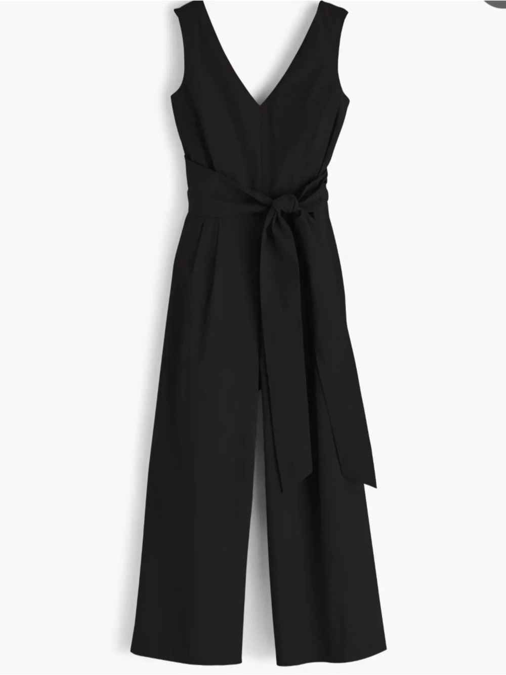 Charles Henry Chic Women’s Black V-Neck Wide-Leg Jumpsuit with Waist Tie